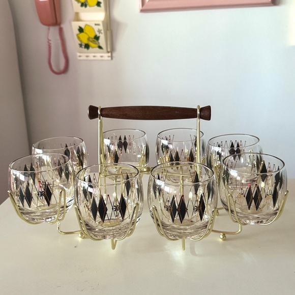 Federal Glass Harlequin Atomic Cocktail Set w Carrier 8 Roly Poly Glasses MCM